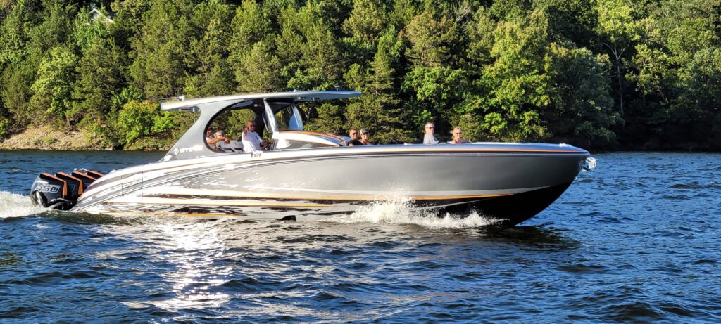 2022 Mystic Powerboats M4200 with quad Mercury Racing 450R engines at Lake of the Ozarks