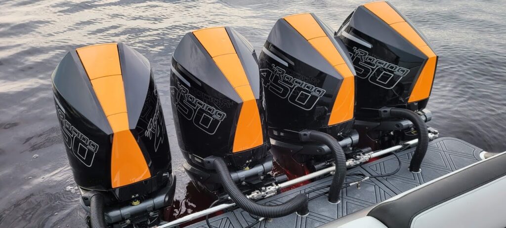 2022 Mystic Powerboats M4200 with quad Mercury Racing 450R engines at Lake of the Ozarks