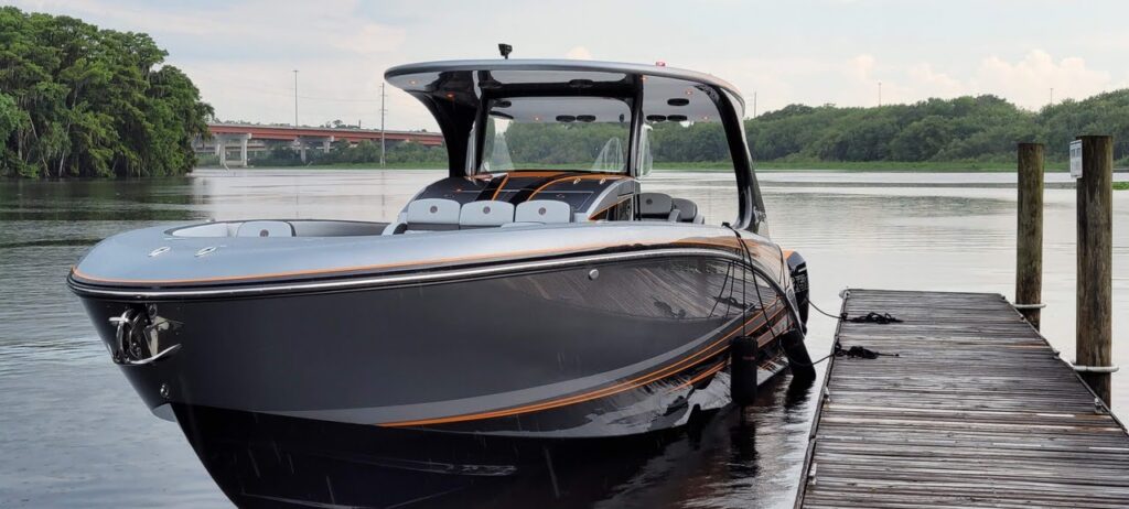 2022 Mystic Powerboats M4200 with quad Mercury Racing 450R engines at Lake of the Ozarks
