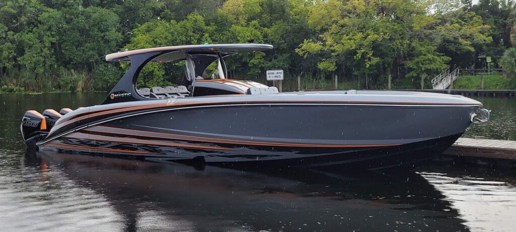2022 Mystic Powerboats M4200 with quad Mercury Racing 450R engines at Lake of the Ozarks