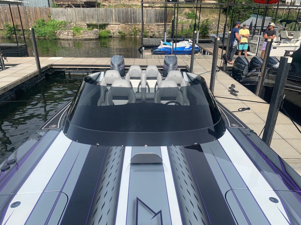 2025 Mystic Powerboats C4000 Gen2 full carbon catamaran with twin Mercury Racing 500R engines at Lake of the Ozarks