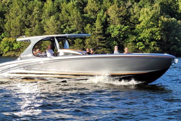2022 Mystic Powerboats M4200 with quad Mercury Racing 450R engines at Lake of the Ozarks