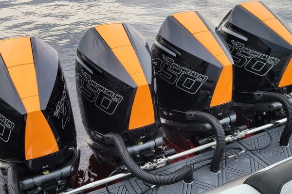 2022 Mystic Powerboats M4200 with quad Mercury Racing 450R engines at Lake of the Ozarks