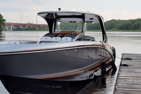 2022 Mystic Powerboats M4200 with quad Mercury Racing 450R engines at Lake of the Ozarks