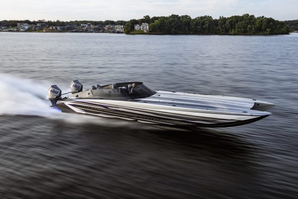 2025 Mystic Powerboats C4000 Gen2 full carbon catamaran with twin Mercury Racing 500R engines at Lake of the Ozarks