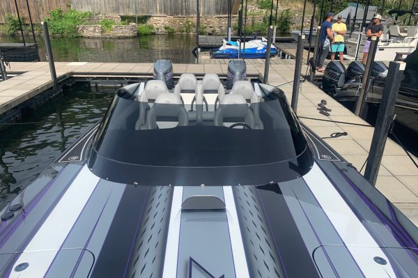 2025 Mystic Powerboats C4000 Gen2 full carbon catamaran with twin Mercury Racing 500R engines at Lake of the Ozarks